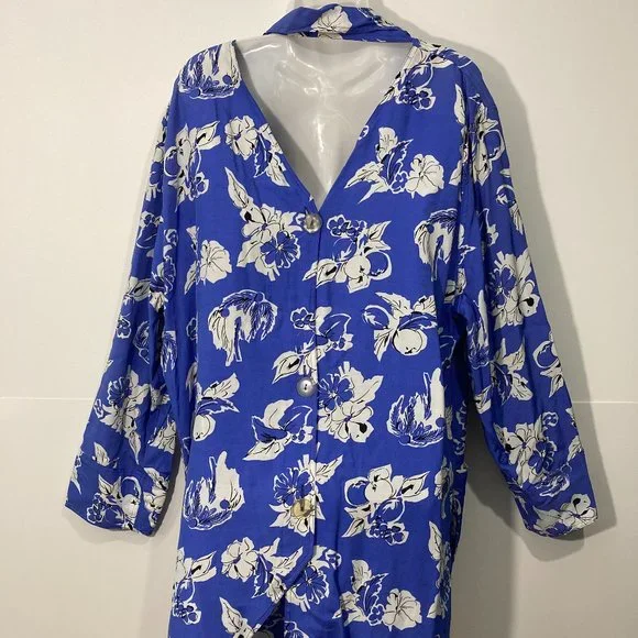 Tramway Paris Floral Tunic top long sleeve asymmetrical hem open back blue white - Picture 2 of 11